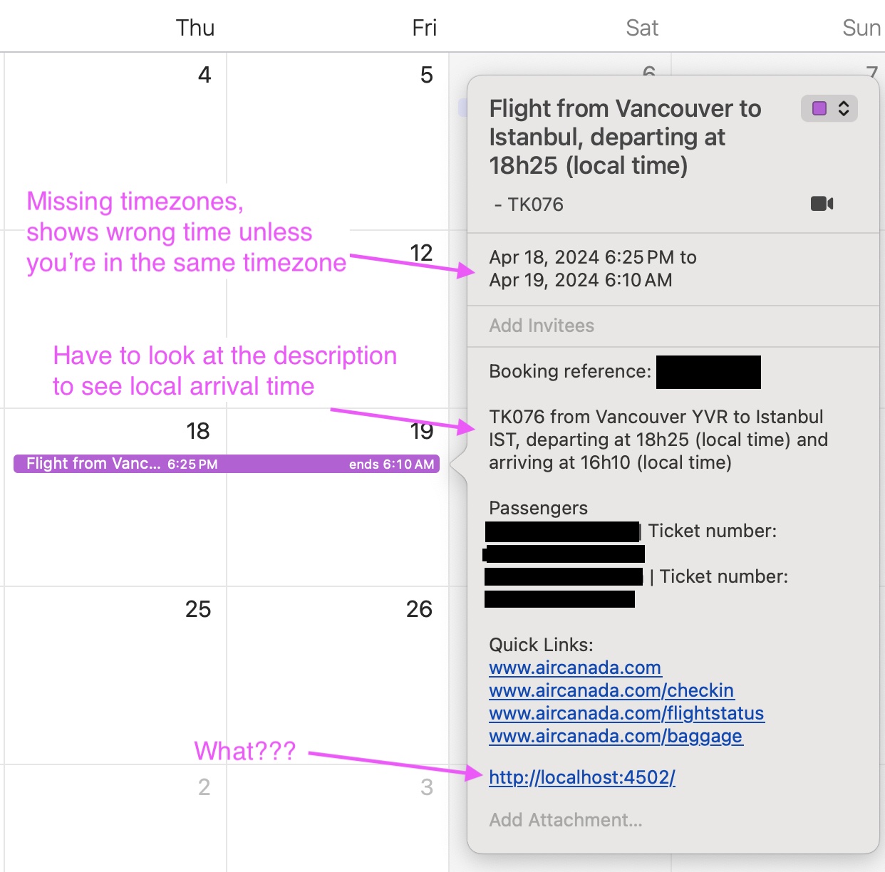 Annotated screenshot of a Calendar Event imported from Air Canada's website