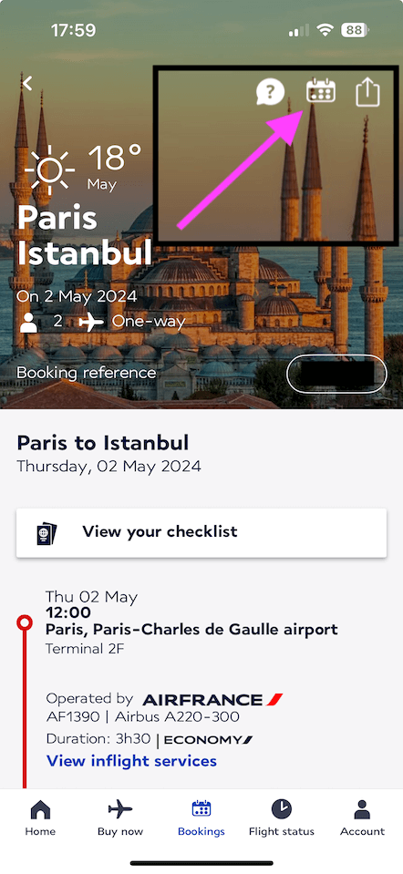 Screenshot of the Air France app with arrow pointing to the Calendar button