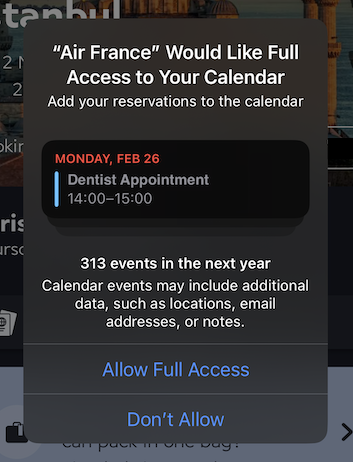 Screenshot of Air France app requesting access to Calendar